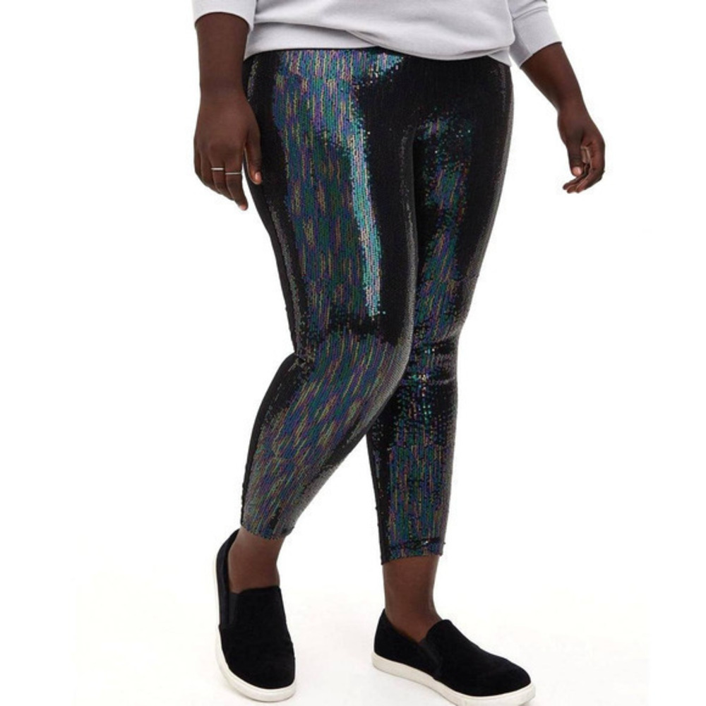 New Torrid 5 (5X 28) Dark Rainbow‎ Sequin Full Length Black Platinum Leggings